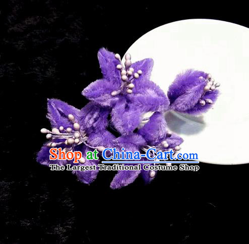 Chinese Handmade Qing Dynasty Court Purple Velvet Campsis Hairpins Traditional Ancient Hanfu Hair Accessories for Women