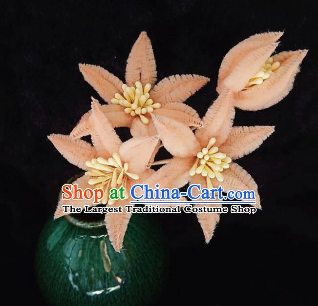 Chinese Handmade Qing Dynasty Court Peachy Velvet Lily Flowers Hairpins Traditional Ancient Hanfu Hair Accessories for Women
