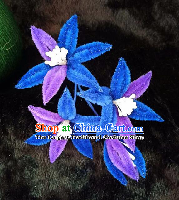 Chinese Handmade Qing Dynasty Court Blue Velvet Lily Flowers Hairpins Traditional Ancient Hanfu Hair Accessories for Women