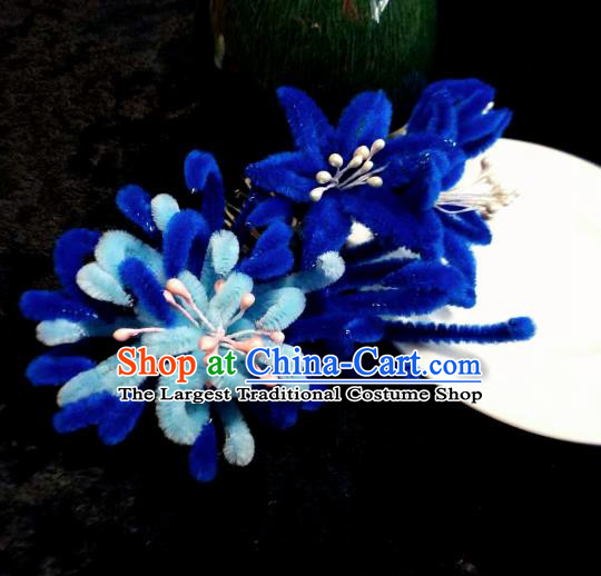 Chinese Handmade Qing Dynasty Court Blue Velvet Chrysanthemum Hairpins Traditional Ancient Hanfu Hair Accessories for Women