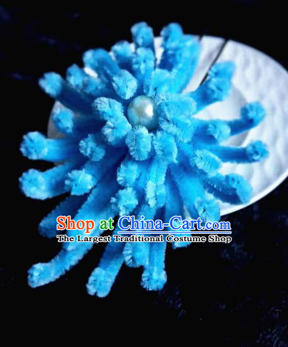 Chinese Ancient Qing Dynasty Court Blue Velvet Chrysanthemum Hairpins Traditional Hanfu Handmade Hair Accessories for Women