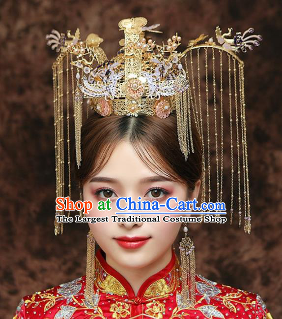 Chinese Ancient Bride Golden Phoenix Coronet Tassel Hairpins Traditional Hanfu Wedding Hair Accessories for Women