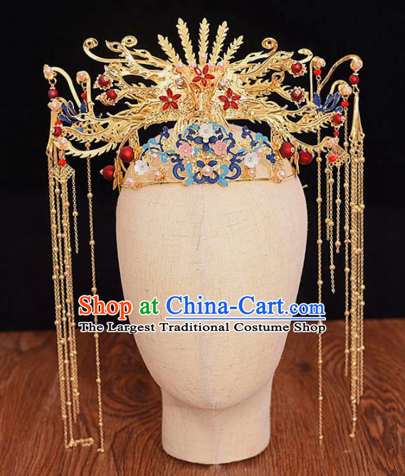 Chinese Ancient Bride Blueing Phoenix Coronet Tassel Hairpins Traditional Hanfu Wedding Hair Accessories for Women
