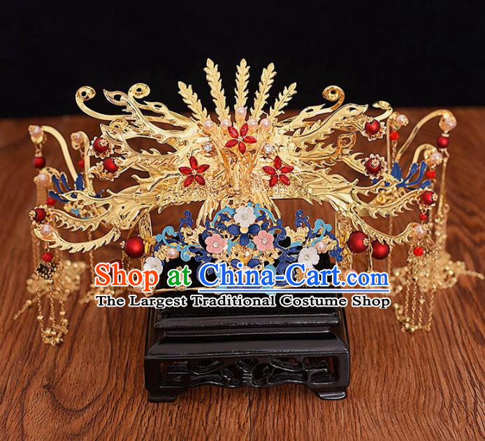 Chinese Ancient Bride Blueing Phoenix Coronet Tassel Hairpins Traditional Hanfu Wedding Hair Accessories for Women