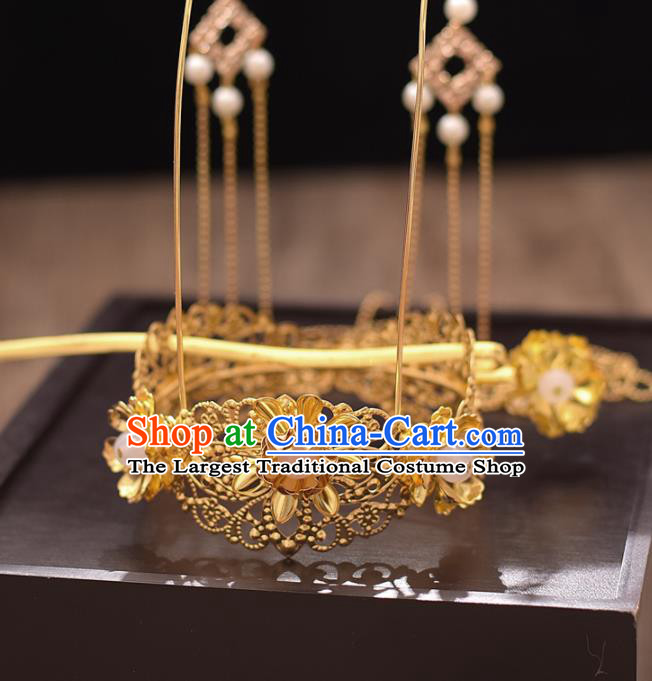 Chinese Ancient Bride Golden Phoenix Coronet Tassel Hairpins Traditional Hanfu Wedding Hair Accessories for Women