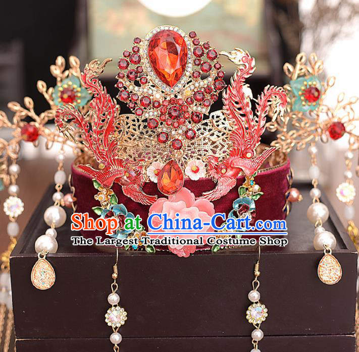 Chinese Ancient Bride Red Phoenix Coronet Hairpins Traditional Hanfu Wedding Hair Accessories for Women