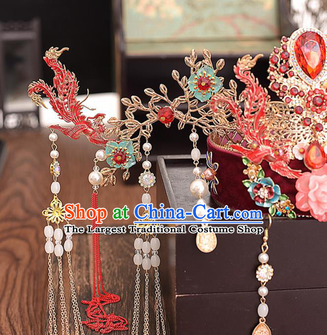 Chinese Ancient Bride Red Phoenix Coronet Hairpins Traditional Hanfu Wedding Hair Accessories for Women