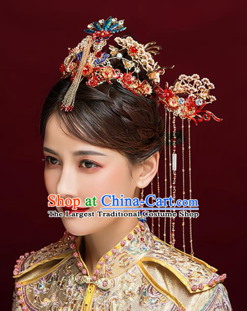 Chinese Ancient Bride Cloisonne Phoenix Coronet Hairpins Traditional Hanfu Wedding Hair Accessories for Women