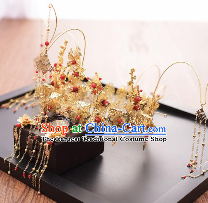 Chinese Ancient Bride Golden Butterfly Phoenix Coronet Hairpins Traditional Hanfu Wedding Hair Accessories for Women