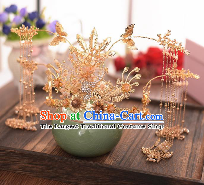 Chinese Ancient Bride Golden Tassel Phoenix Coronet Hairpins Traditional Hanfu Wedding Hair Accessories for Women