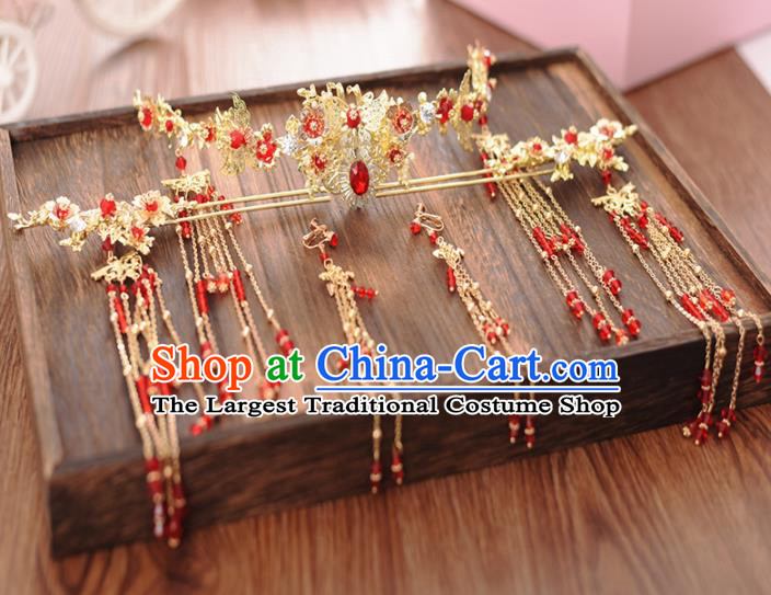 Chinese Ancient Bride Red Crystal Phoenix Coronet Hairpins Traditional Hanfu Wedding Hair Accessories for Women