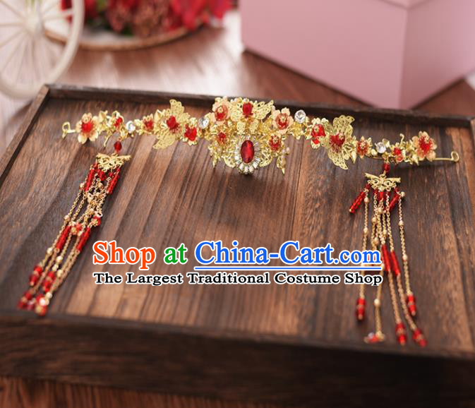 Chinese Ancient Bride Red Crystal Phoenix Coronet Hairpins Traditional Hanfu Wedding Hair Accessories for Women