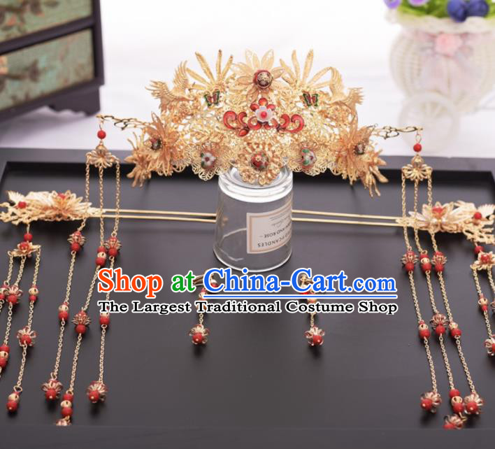 Chinese Ancient Bride Ceramics Bead Phoenix Coronet Hairpins Traditional Hanfu Wedding Hair Accessories for Women