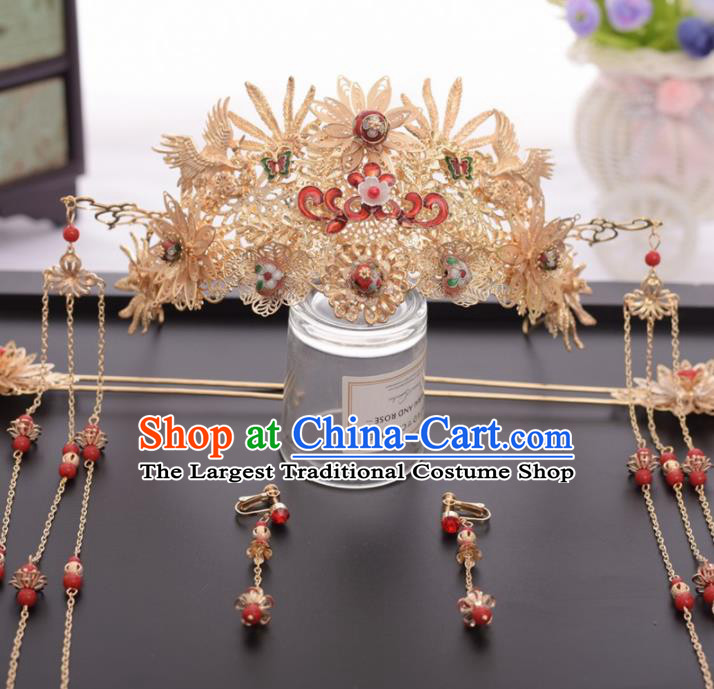 Chinese Ancient Bride Ceramics Bead Phoenix Coronet Hairpins Traditional Hanfu Wedding Hair Accessories for Women