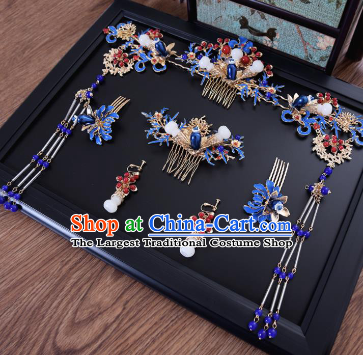 Chinese Ancient Bride Blueing Hair Comb Tassel Hairpins Traditional Hanfu Wedding Hair Accessories for Women