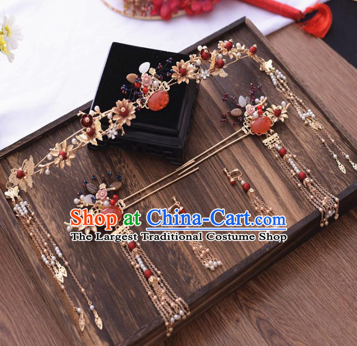 Chinese Ancient Bride Garnet Hair Clasp Tassel Hairpins Traditional Hanfu Wedding Hair Accessories for Women