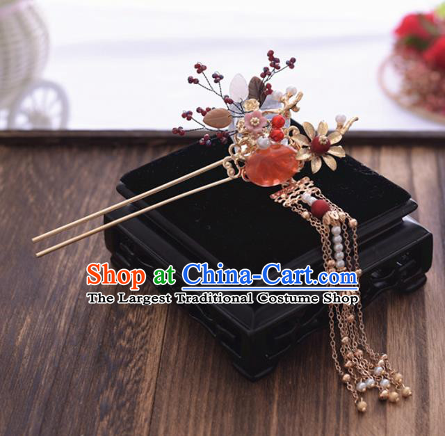 Chinese Ancient Bride Garnet Hair Clasp Tassel Hairpins Traditional Hanfu Wedding Hair Accessories for Women