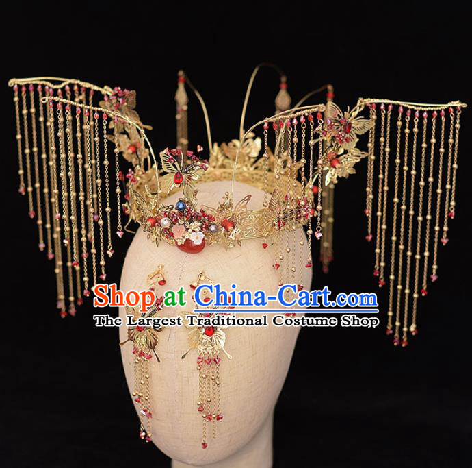 Chinese Ancient Bride Tassel Phoenix Coronet Hairpins Traditional Hanfu Wedding Hair Accessories for Women
