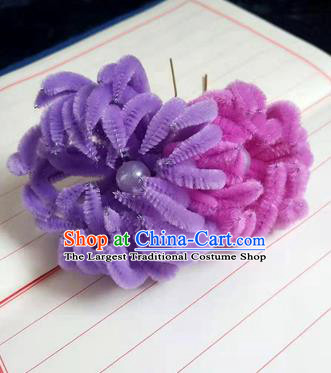 Chinese Ancient Court Purple and Rosy Velvet Chrysanthemum Hairpins Traditional Hanfu Handmade Hair Accessories for Women