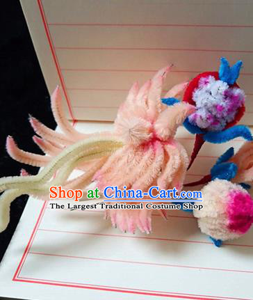 Chinese Ancient Court Pink Velvet Phoenix Chrysanthemum Hairpins Traditional Hanfu Handmade Hair Accessories for Women