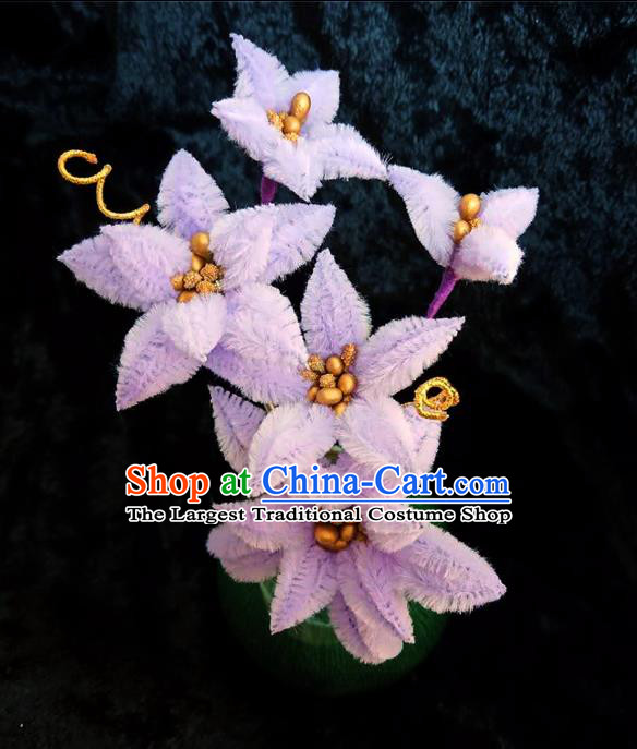 Chinese Ancient Court Purple Velvet Lily Flowers Hairpins Traditional Hanfu Handmade Hair Accessories for Women