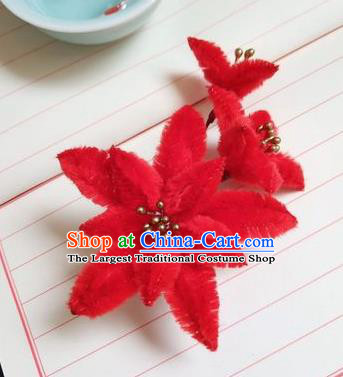 Chinese Ancient Court Red Velvet Lily Flowers Hairpins Traditional Hanfu Handmade Hair Accessories for Women