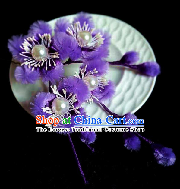 Chinese Ancient Court Purple Velvet Plum Hairpins Traditional Hanfu Handmade Hair Accessories for Women