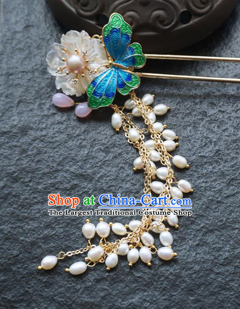 Chinese Ancient Princess Blueing Butterfly Beads Tassel Hairpins Traditional Handmade Hanfu Hair Accessories for Women