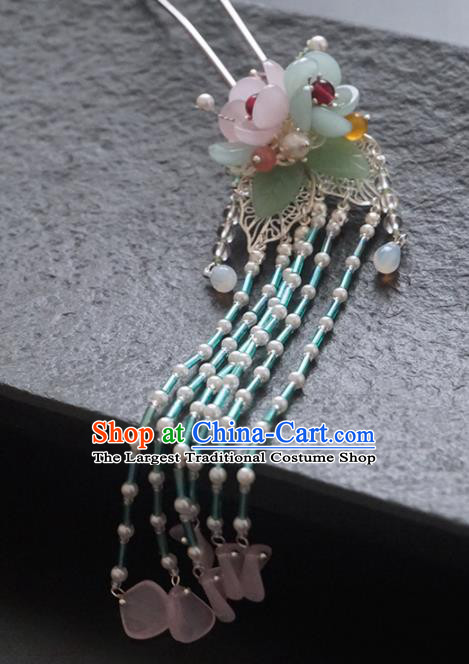 Chinese Ancient Princess Blue Beads Tassel Hairpins Traditional Handmade Hanfu Hair Accessories for Women