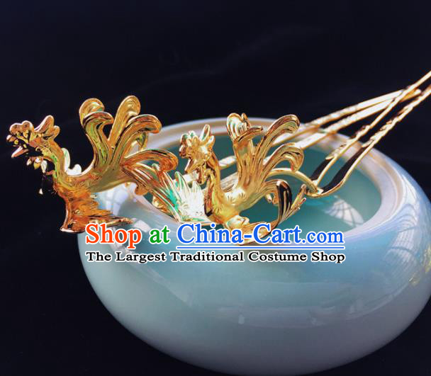 Chinese Ancient Princess Golden Phoenix Hair Clip Hairpins Traditional Handmade Hanfu Hair Accessories for Women