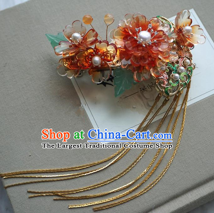 Chinese Ancient Princess Red Peony Tassel Hair Claw Hairpins Traditional Handmade Hanfu Hair Accessories for Women