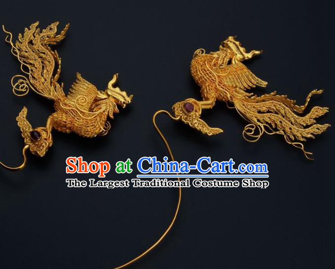 Ancient Chinese Ming Dynasty Empress Golden Phoenix Hairpins Traditional Hanfu Court Hair Accessories for Women