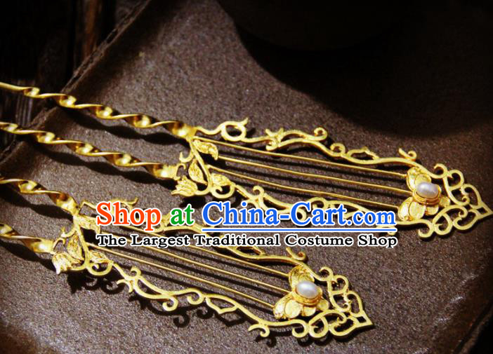 Ancient Chinese Ming Dynasty Princess Pearl Golden Hairpins Traditional Hanfu Court Hair Accessories for Women