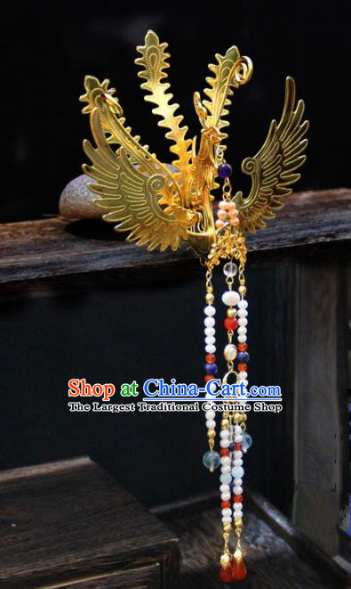 Ancient Chinese Ming Dynasty Princess Golden Hairpins Phoenix Tassel Step Shake Traditional Hanfu Court Hair Accessories for Women
