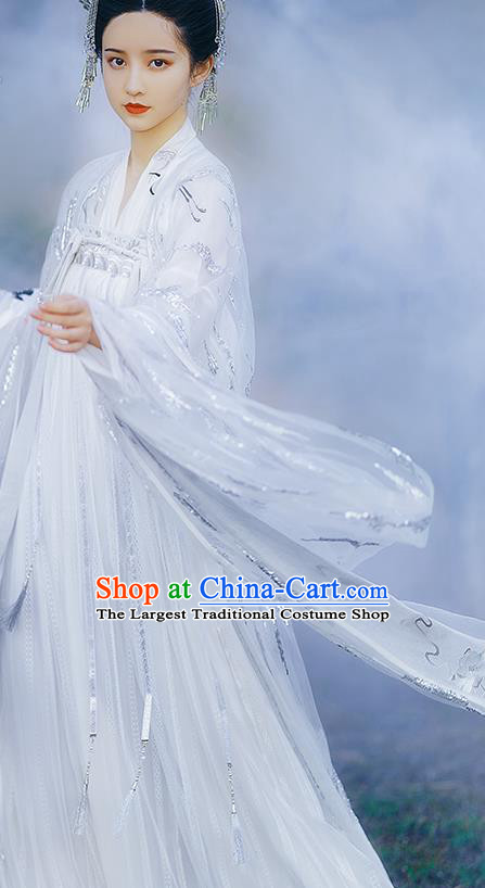 Traditional Chinese Tang Dynasty Imperial Consort White Hanfu Dress Ancient Flower Goddess Replica Costumes for Women