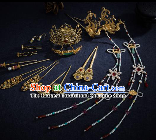 Ancient Chinese Ming Dynasty Lotus Hair Crown Tassel Hairpins Traditional Hanfu Court Hair Accessories Complete Set for Women