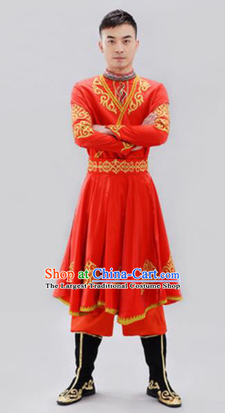 Traditional Chinese Uyghur Nationality Group Dance Costume Chinese Uigurian Minority Red Clothing for Men
