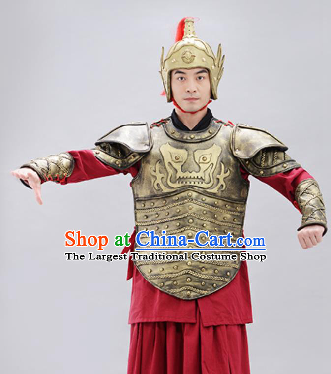 Traditional Chinese Ming Dynasty Warrior Helmet and Armour Ancient Drama General Costumes for Men