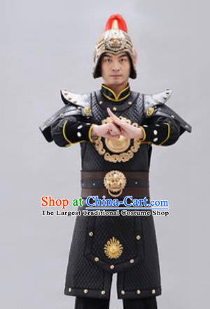 Traditional Chinese Han Dynasty Warrior Black Helmet and Armour Ancient Drama General Costumes for Men