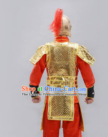 Traditional Chinese Han Dynasty Warrior Golden Helmet and Armour Ancient Drama General Costumes for Men