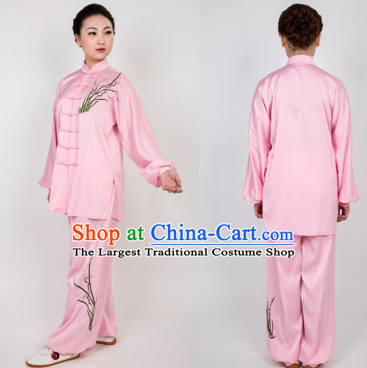 Chinese Traditional Martial Arts Embroidered Orchid Pink Costume Best Kung Fu Competition Tai Chi Training Clothing for Women