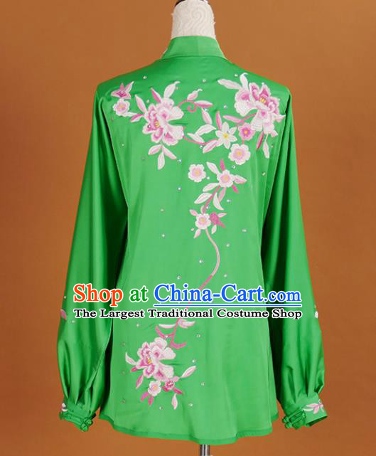 Chinese Traditional Best Martial Arts Embroidered Peony Green Costume Kung Fu Competition Tai Chi Clothing for Women
