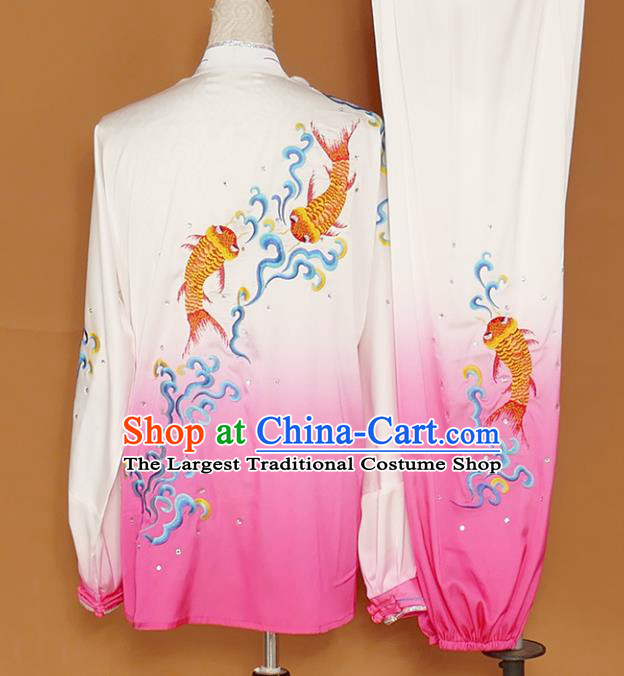 Chinese Traditional Best Martial Arts Embroidered Carp Rosy Costume Kung Fu Competition Tai Chi Clothing for Women