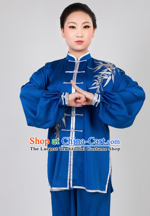 Chinese Traditional Martial Arts Embroidered Bamboo Blue Costume Best Kung Fu Competition Tai Chi Training Clothing for Women