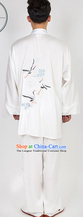 Chinese Traditional Martial Arts Competition Embroidered Crane White Costume Kung Fu Tai Chi Training Clothing for Men
