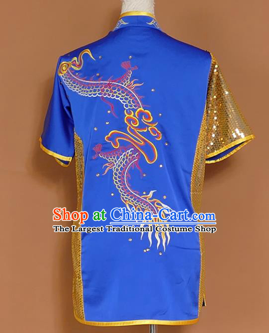 Royalblue Best Martial Arts Competition Embroidered Dragon Uniforms Chinese Traditional Kung Fu Tai Chi Training Costume for Men