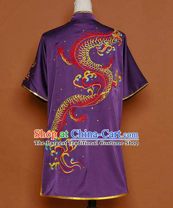 Chinese Martial Arts Competition Embroidered Dragon Purple Uniforms Traditional Kung Fu Tai Chi Training Costume for Men