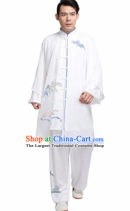 Chinese Martial Arts Competition Embroidered White Uniforms Traditional Kung Fu Tai Chi Training Costume for Men