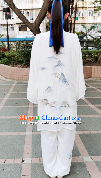Chinese Professional Martial Arts Landscape Painting White Costume Traditional Kung Fu Competition Tai Chi Clothing for Women