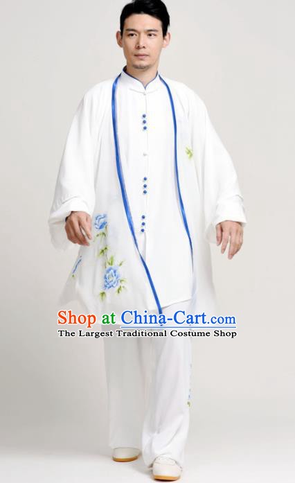 Chinese Martial Arts Competition Printing Blue Peony Uniforms Traditional Kung Fu Tai Chi Training Costume for Men